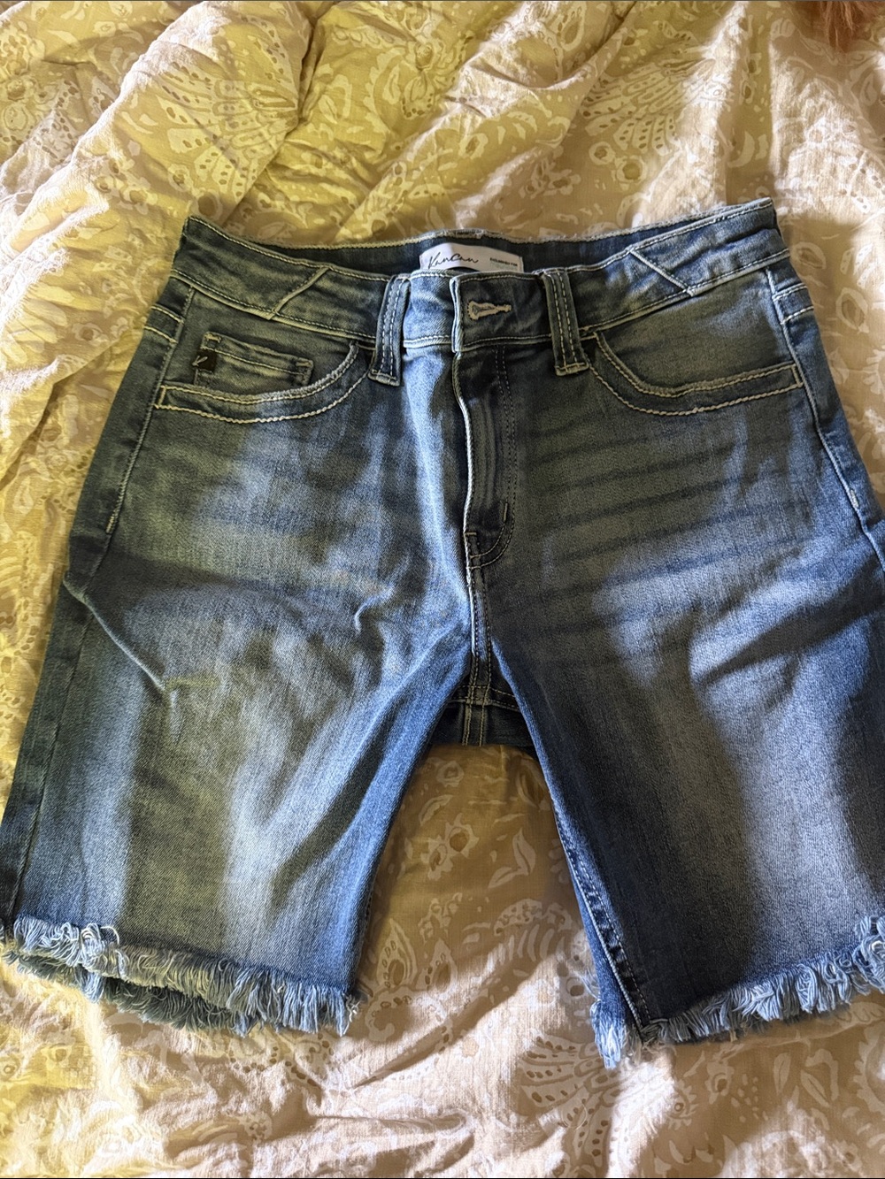Kansan Medium Blue Frayed Hem Denim Shorts